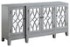 Benzara BM251334 Console Table With 4 Glass Doors and Geometric Front, Gray