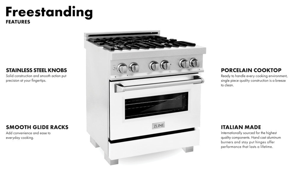ZLINE 30" Range Gas Stove and Electric Oven, DuraSnow and White Matte Door
