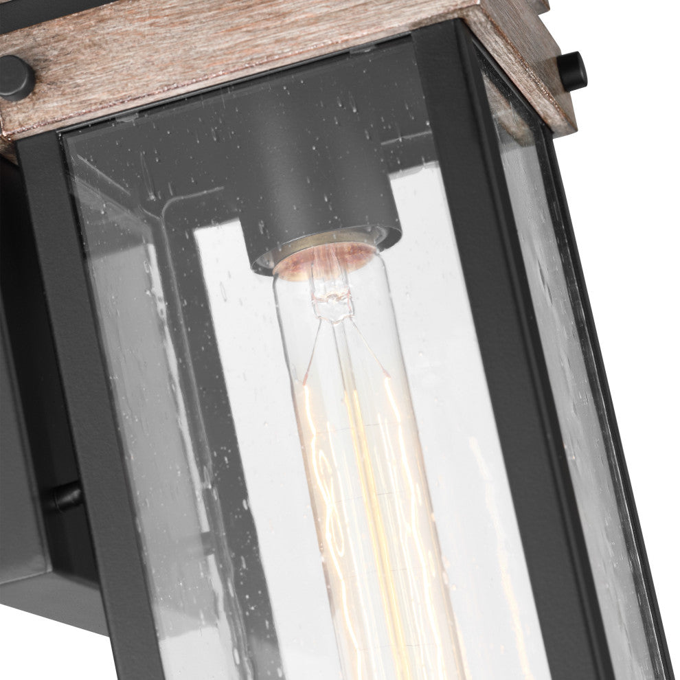 Homestead 1-Light Medium Wall Lantern, Matte Black/Wood/Clear Seed