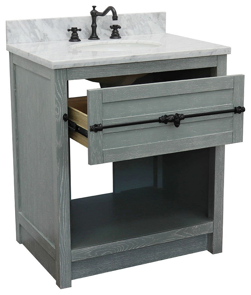 30" Single Vanity, Gray Ash, White Carrara Top, Oval Sink
