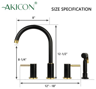 Two-Handles Copper Widespread Kitchen Faucet With Side Sprayer, Matte Black & Gold
