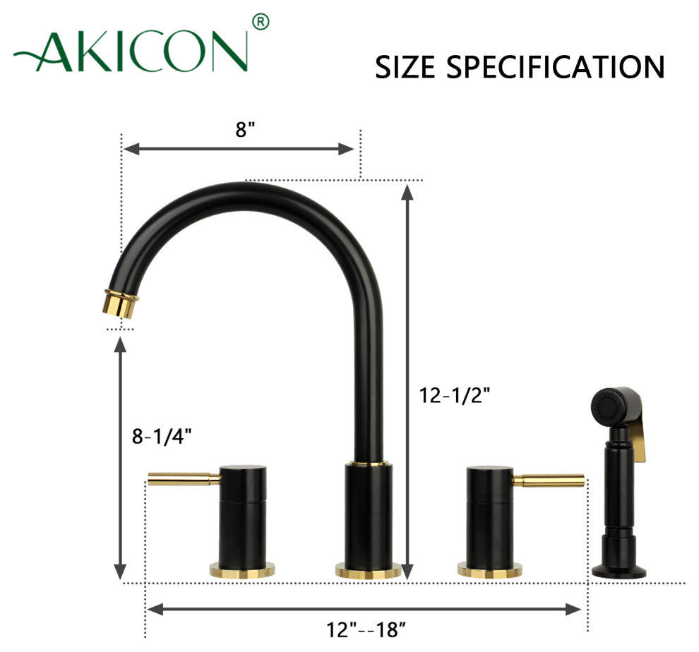Two-Handles Copper Widespread Kitchen Faucet With Side Sprayer, Matte Black & Gold