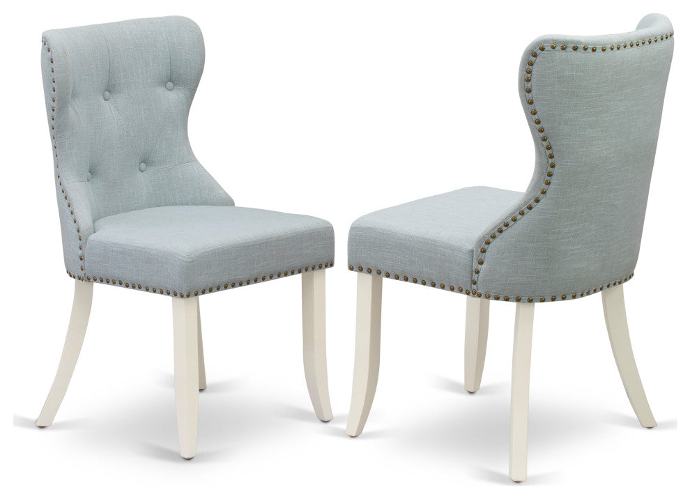 3Pc Dining Set, 1 Pedestal Table, 2 Baby Blue Chairs Back, Linen White