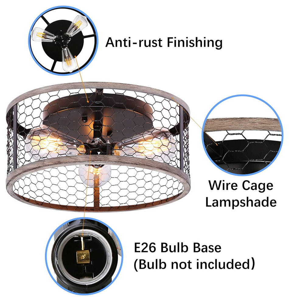 3 Light Rust Ceiling Light Fixture, Industrial Cage, Semi Flush Mount