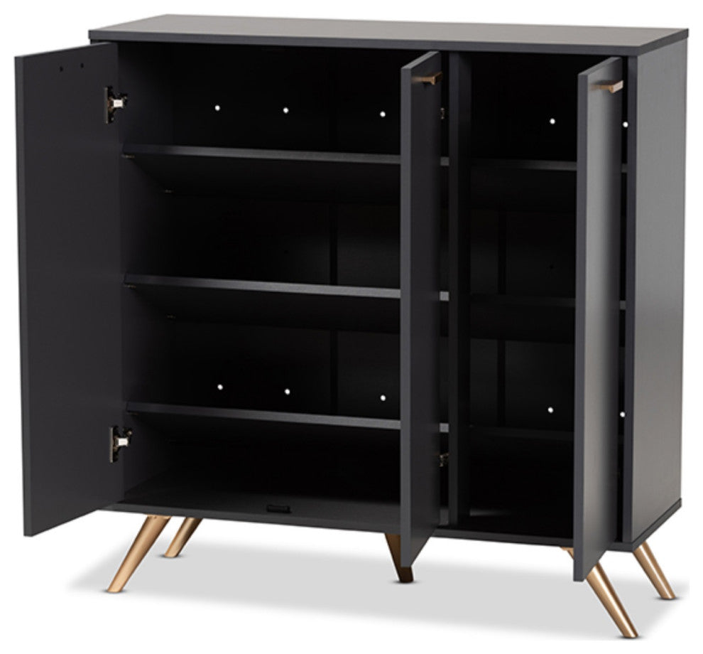 Kelson Dark Gray and Gold Finished Wood 3-Door Shoe Cabinet
