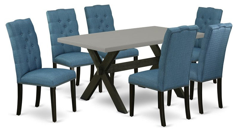 7-Piece Cement Color Table Top and 6 Linen Fabric Chairs, Wire Brushed Black
