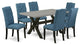 7-Piece Cement Color Table Top and 6 Linen Fabric Chairs, Wire Brushed Black