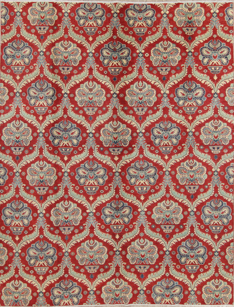 Traditional Pakistani Handmade Damask Kazak Oriental Area Rug, Red, 11'10"X9'1"