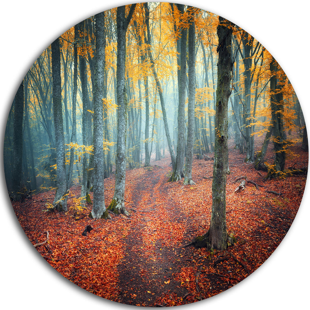 Red And Yellow Autumn Forest, Landscape Photo Disc Metal Wall Art, 11"
