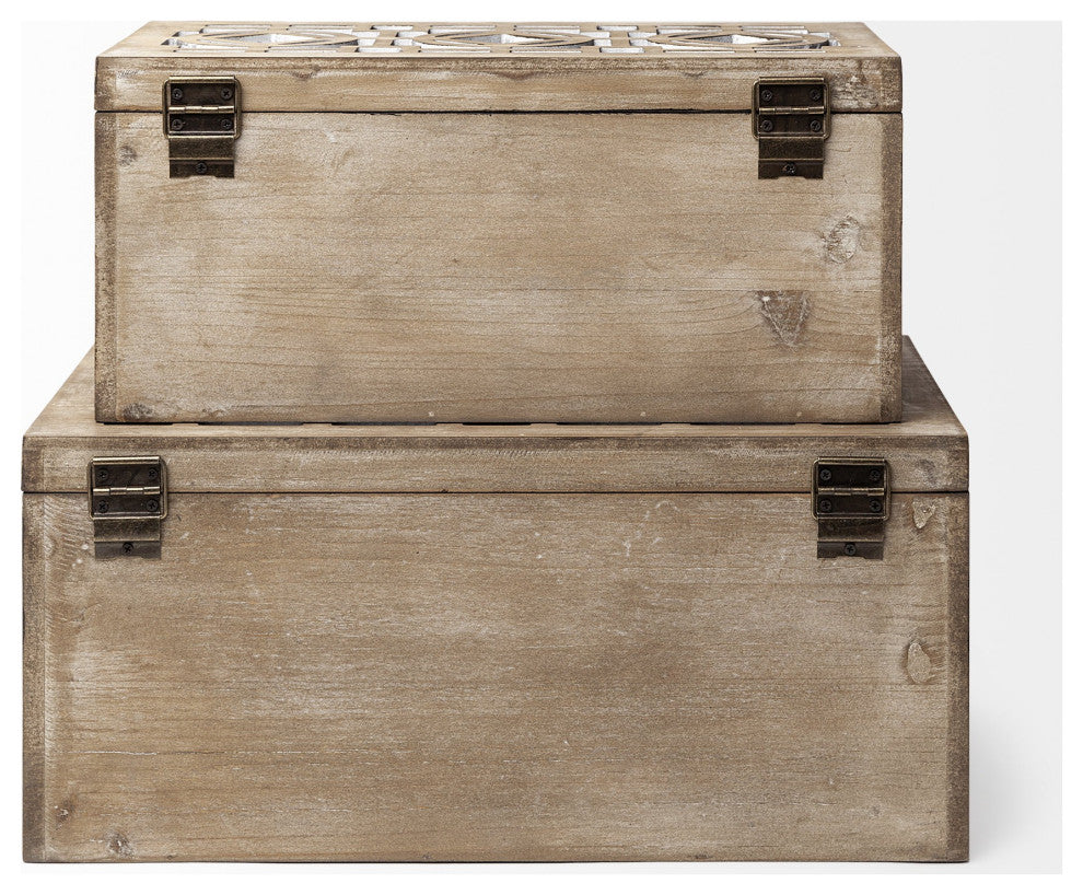 Set of Two Brown Mirrored Wooden Boxes