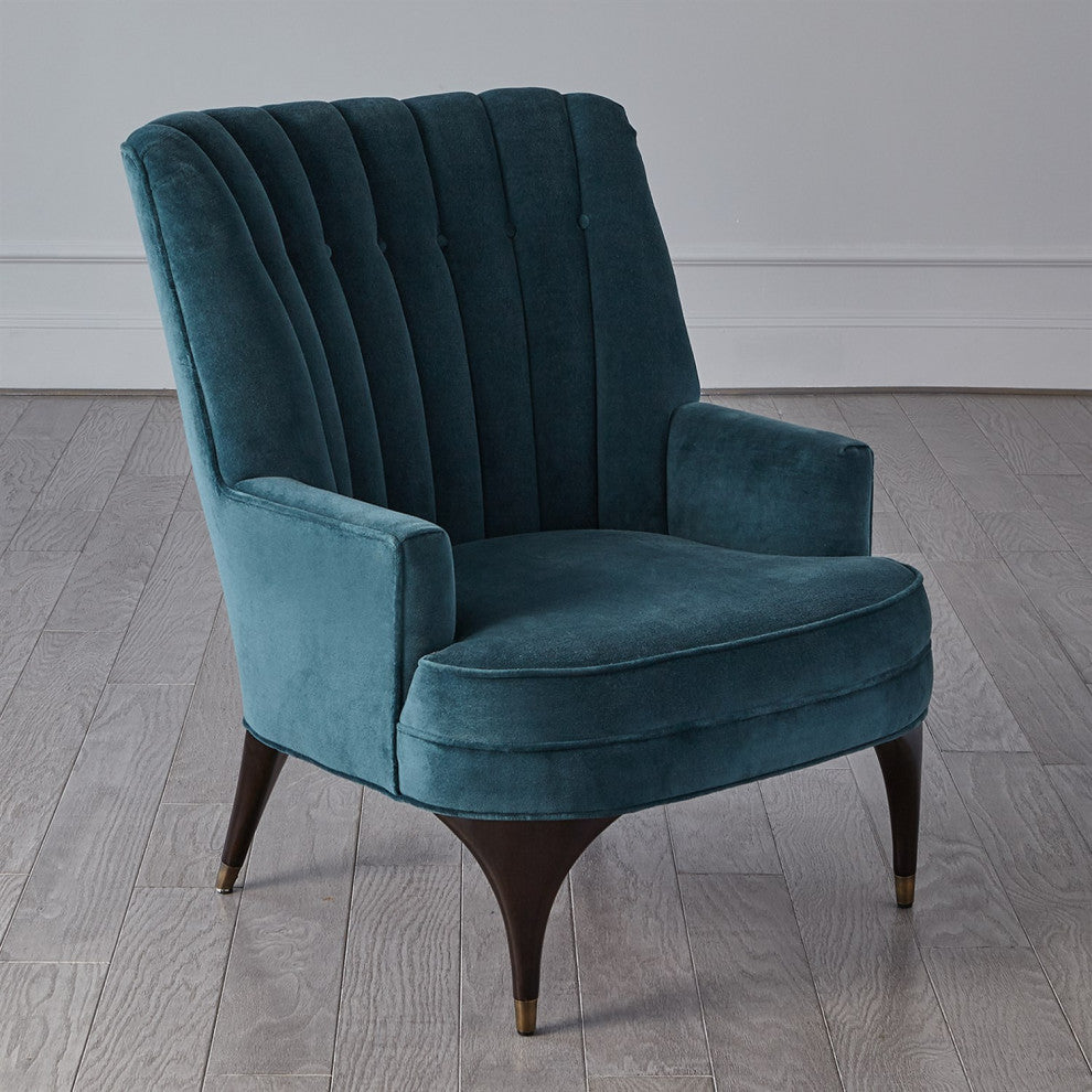 Dragonfly Aqua Blue Velvet Arm Chair Channel Back Tufted Mid Century Wood Brass
