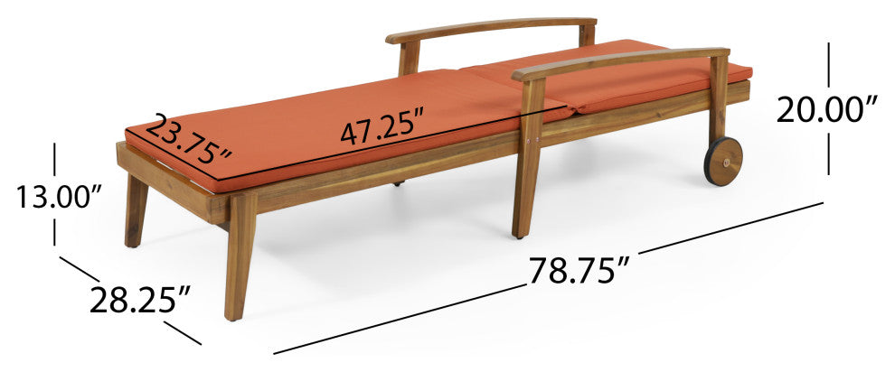 Lucknow Outdoor Acacia Wood Chaise Lounge with Water Resistant Cushion, Set of 2, Orange + Teak