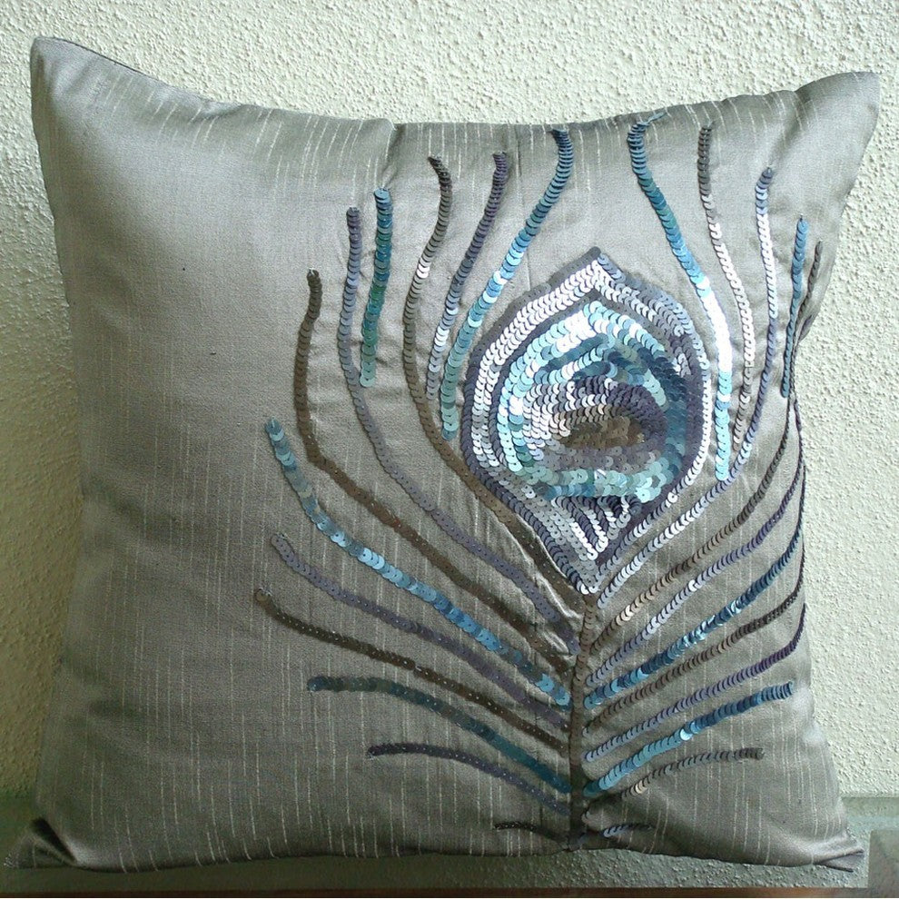 Sequins Peacock Feather Silver Art Silk Pillow Covers 14"x14", Peacock Feather