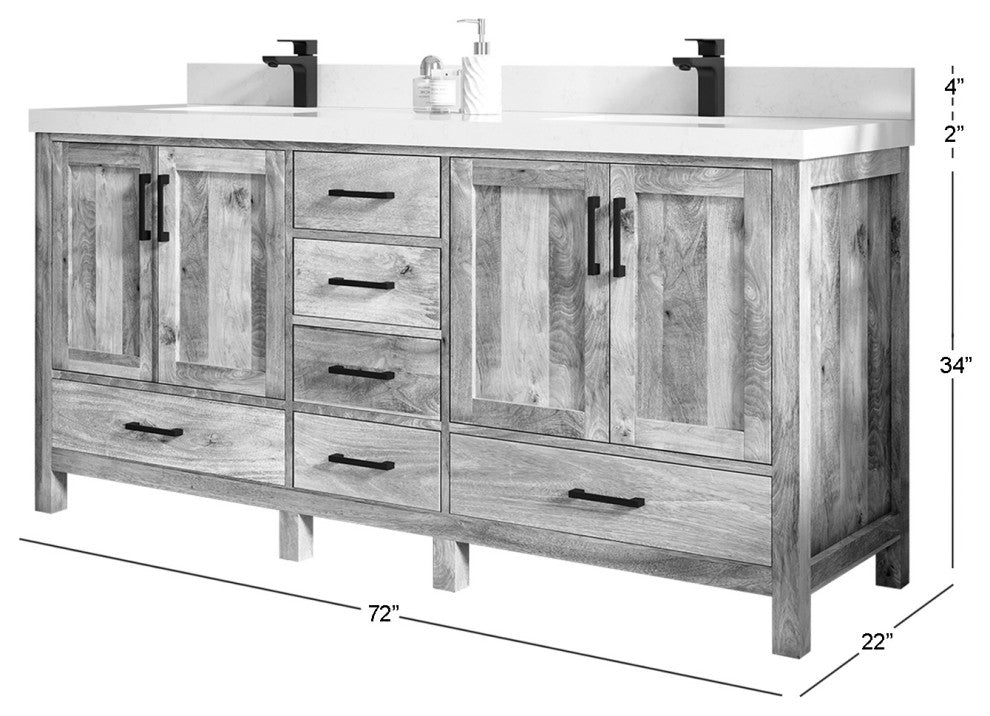 Malibu Mango 72" Double Sink Bath Vanity, White Washed 2" Piatra Gray