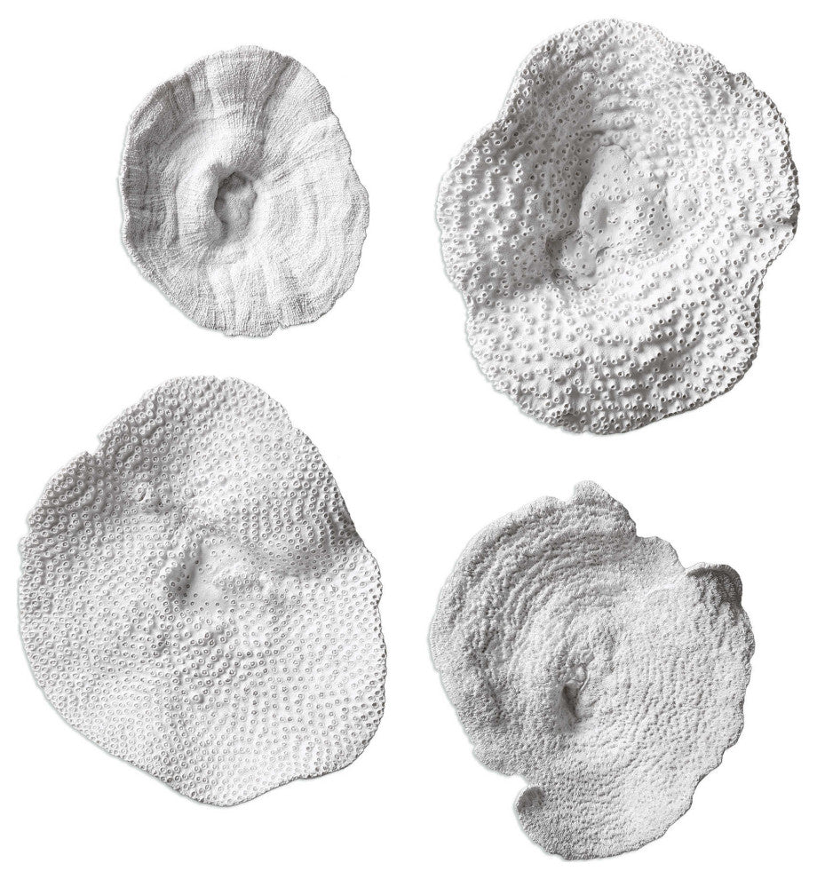 Abstract Antiqued White Coral Sea Shell Sculpture Disc Wall Art, 4-Piece