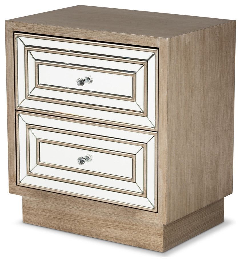 Transitional Natural Brown Finished Wood 2-Drawer Nightstand With Mirrored Glass