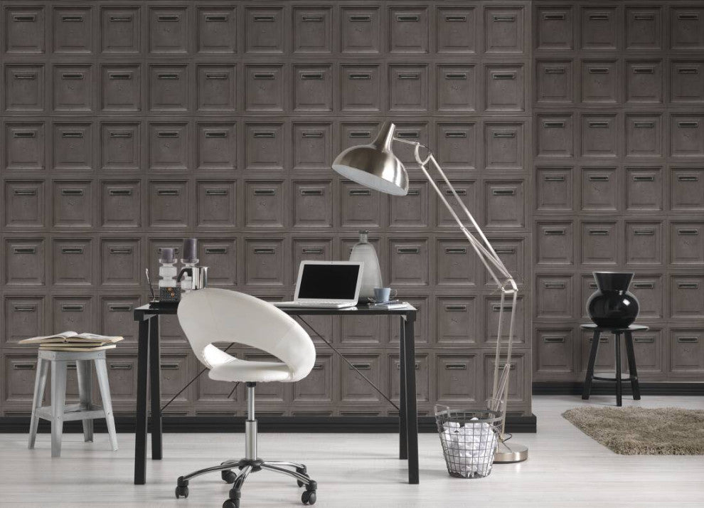 Loft Nature Textured Wallpaper, Numbered Post Boxes, Black Brown, Sample
