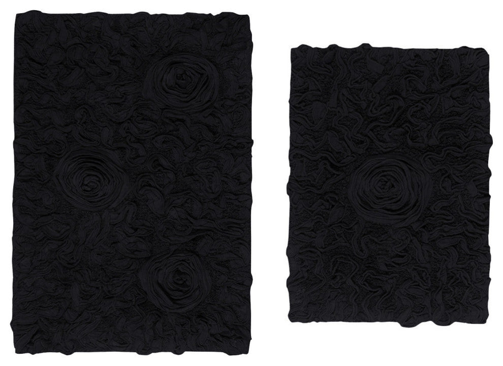 Bell Flower Collection Tufted Bath Rugs, 2 Piece Set, Black