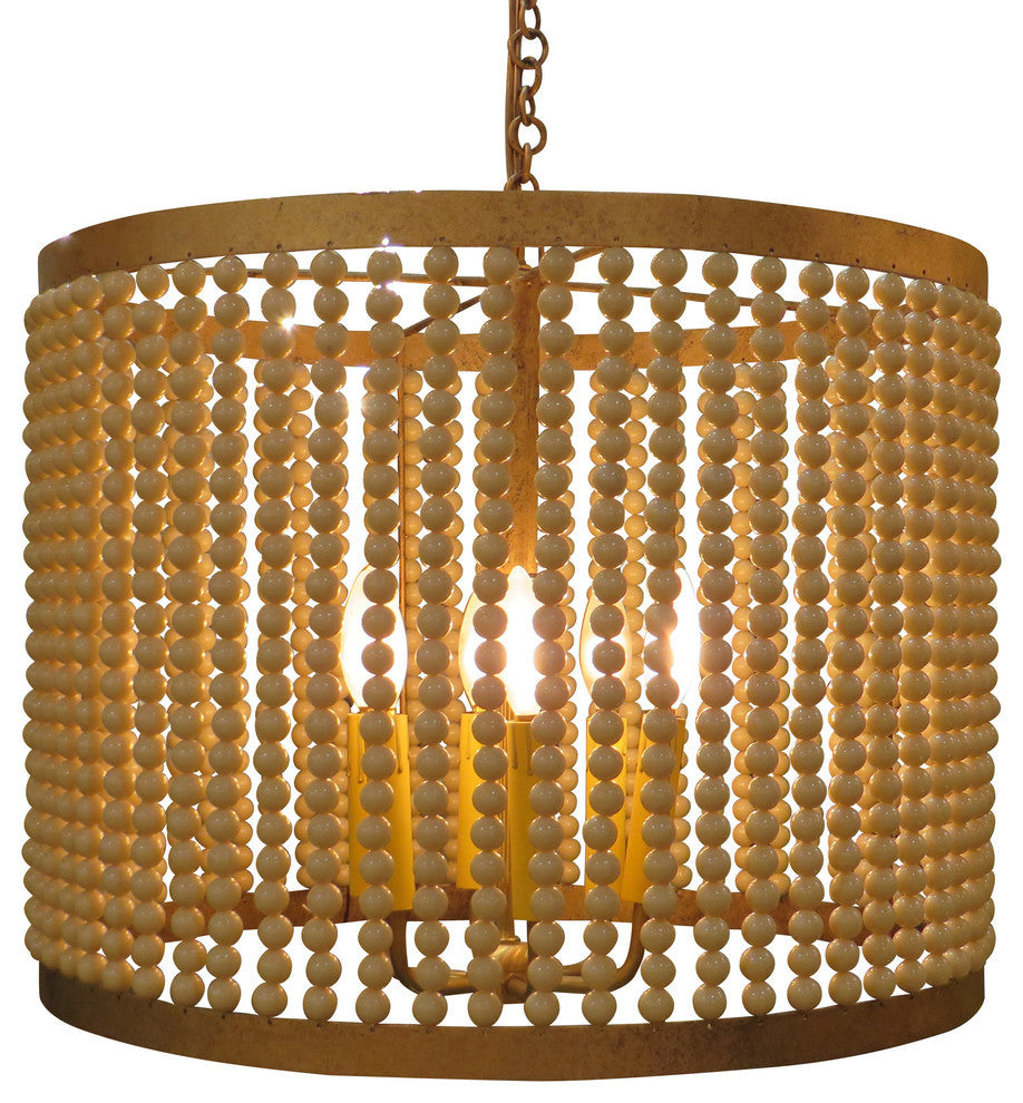 20" Iron Cream Beaded Drum Pendant Chandelier, Romantic Pearl 6-Light Antique