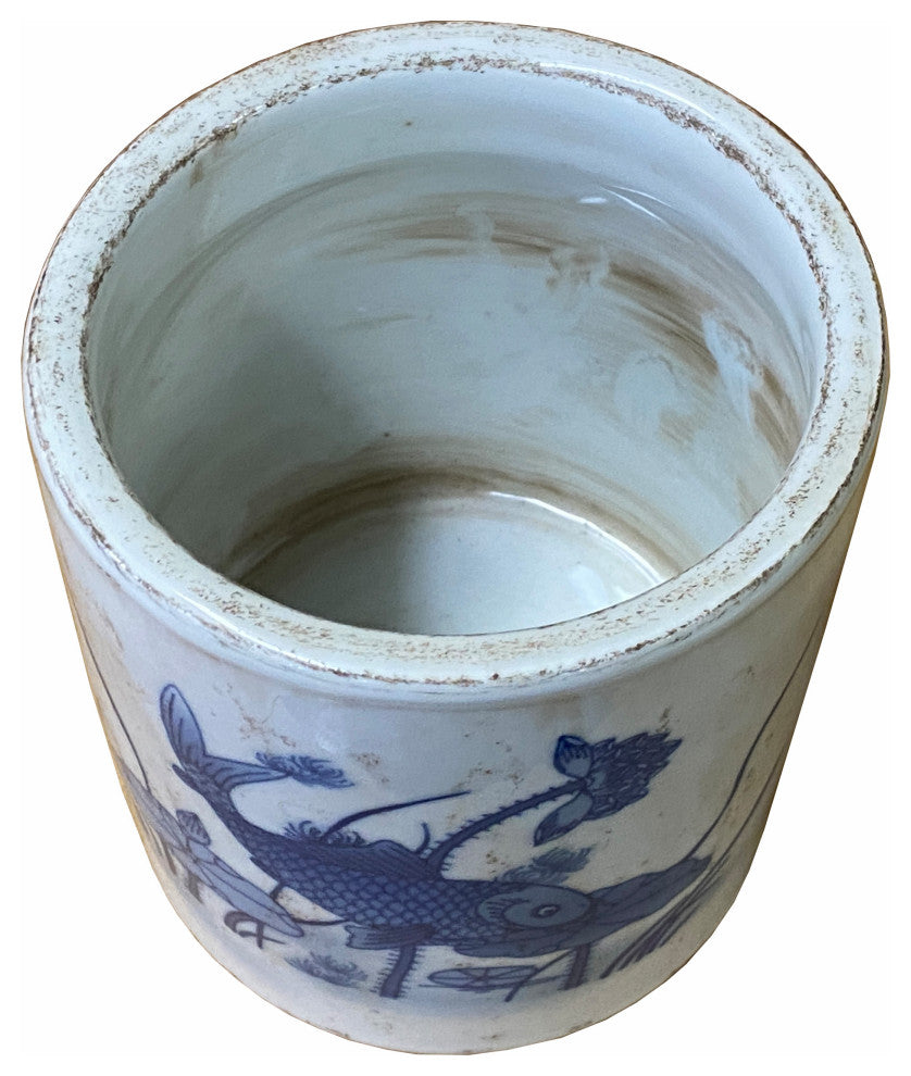 Chinese Distressed White Porcelain Blue Fishes Graphic Holder Vase Hws1845