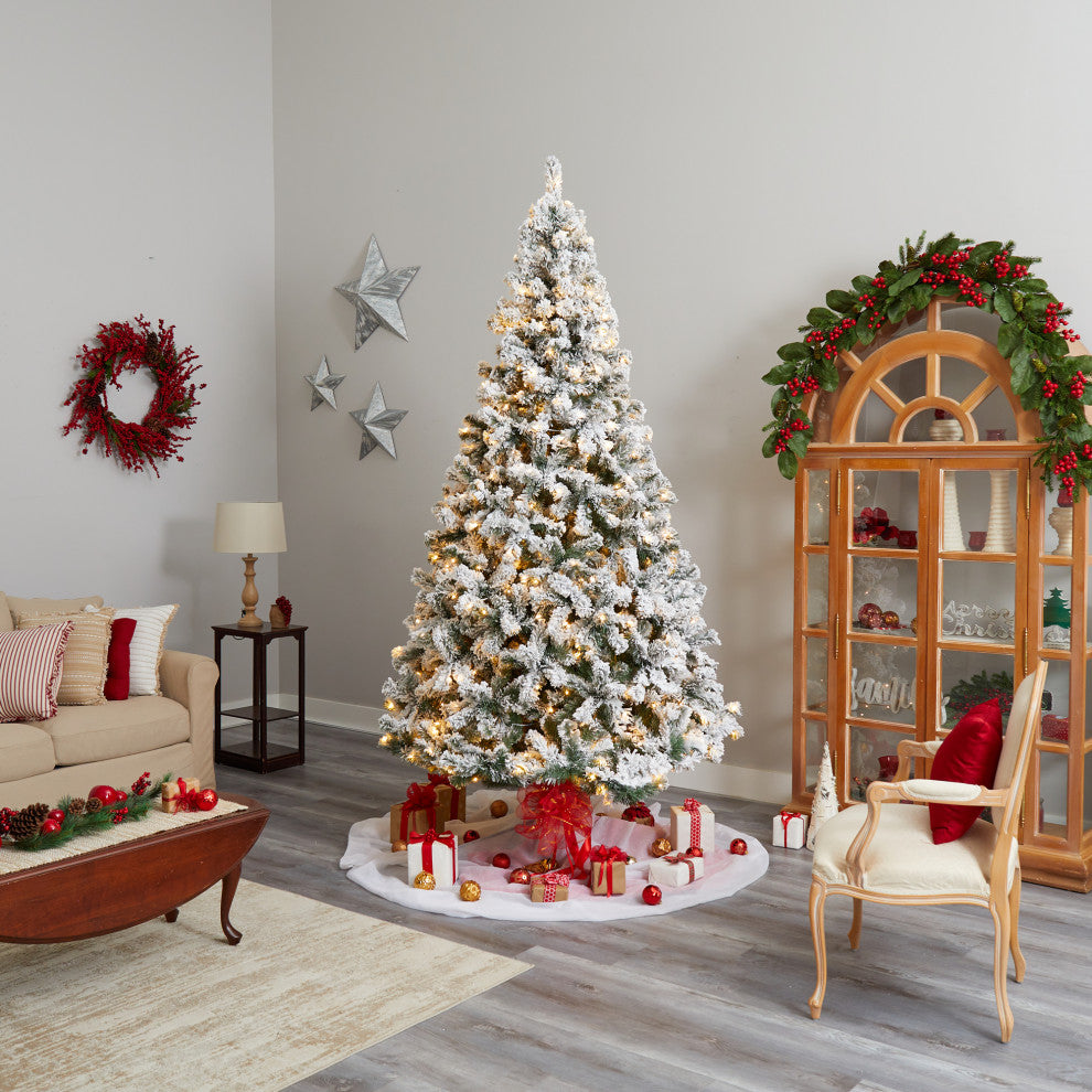 10' Flocked West Virginia Fir Artificial Christmas Tree, 800 Clear LED Lights