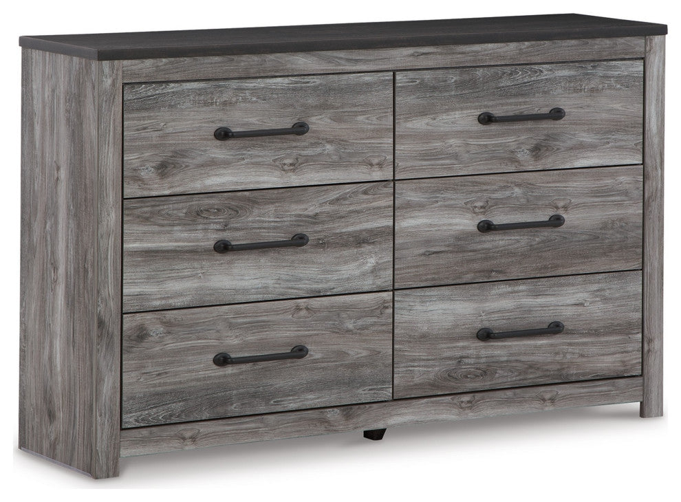 59" Wide Dresser With 6 Drawers, Metal Bar Handles, Distressed Gray