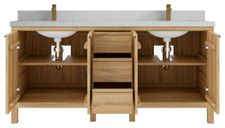 Elizabeth 72 Double Sink Bath Vanity in Light Natural Teak 2" Carrara Quartz
