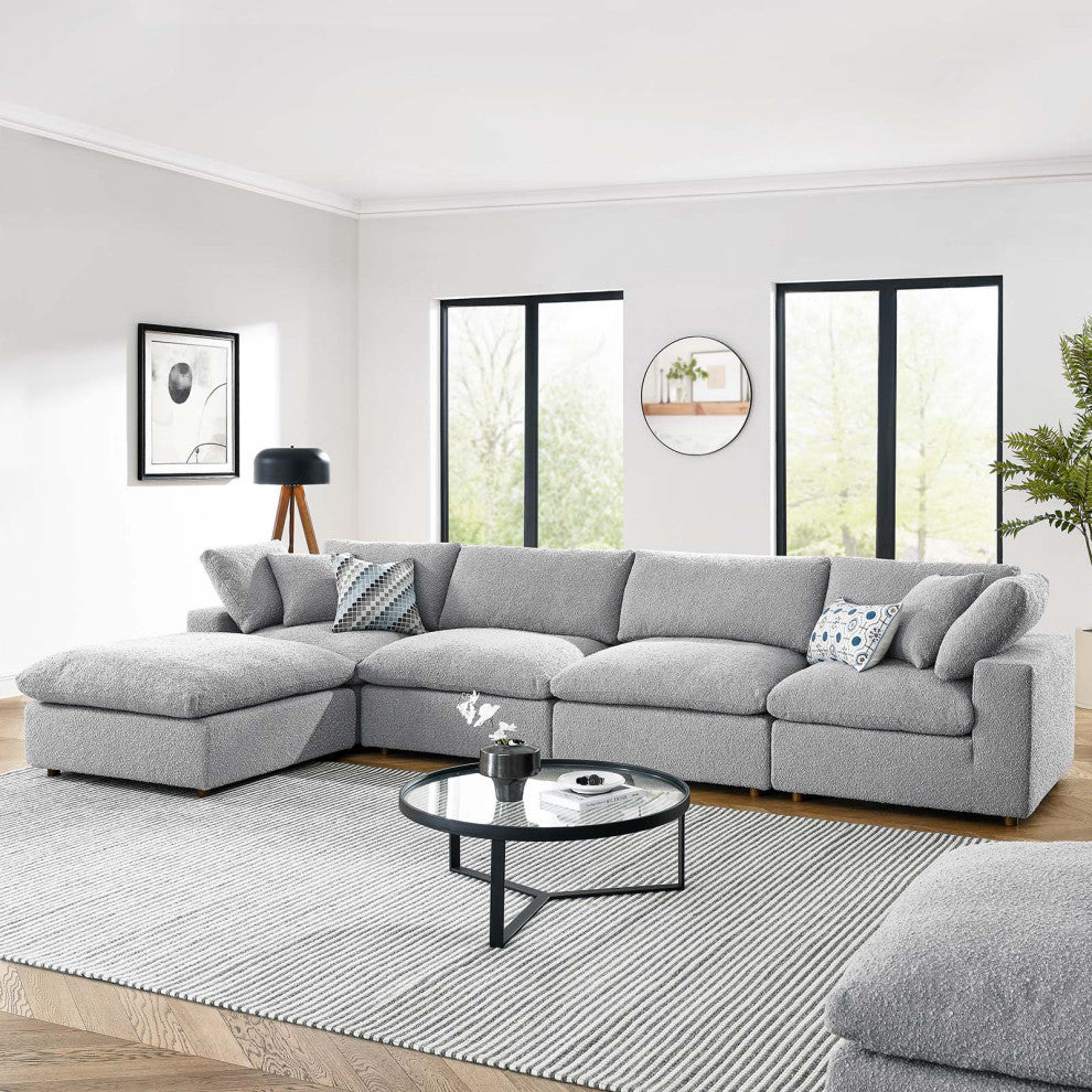 Commix Down Filled Overstuffed Boucle Fabric 5-Piece Sectional Sofa, Light Gray