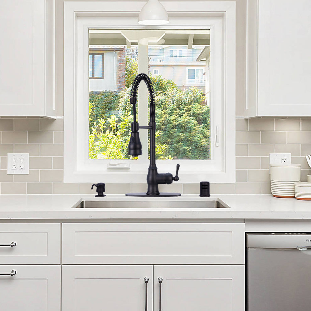 Copper Pre-Rinse Spring Kitchen Faucet with Pull Down Sprayer, Oil Rubbed Bronze