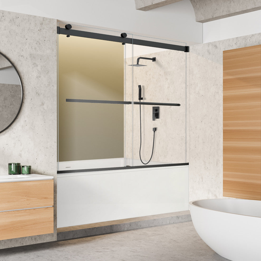 Marcelo By Pass Frameless Tub Door, Clear Glass, Matte Black, 60"wx58"h