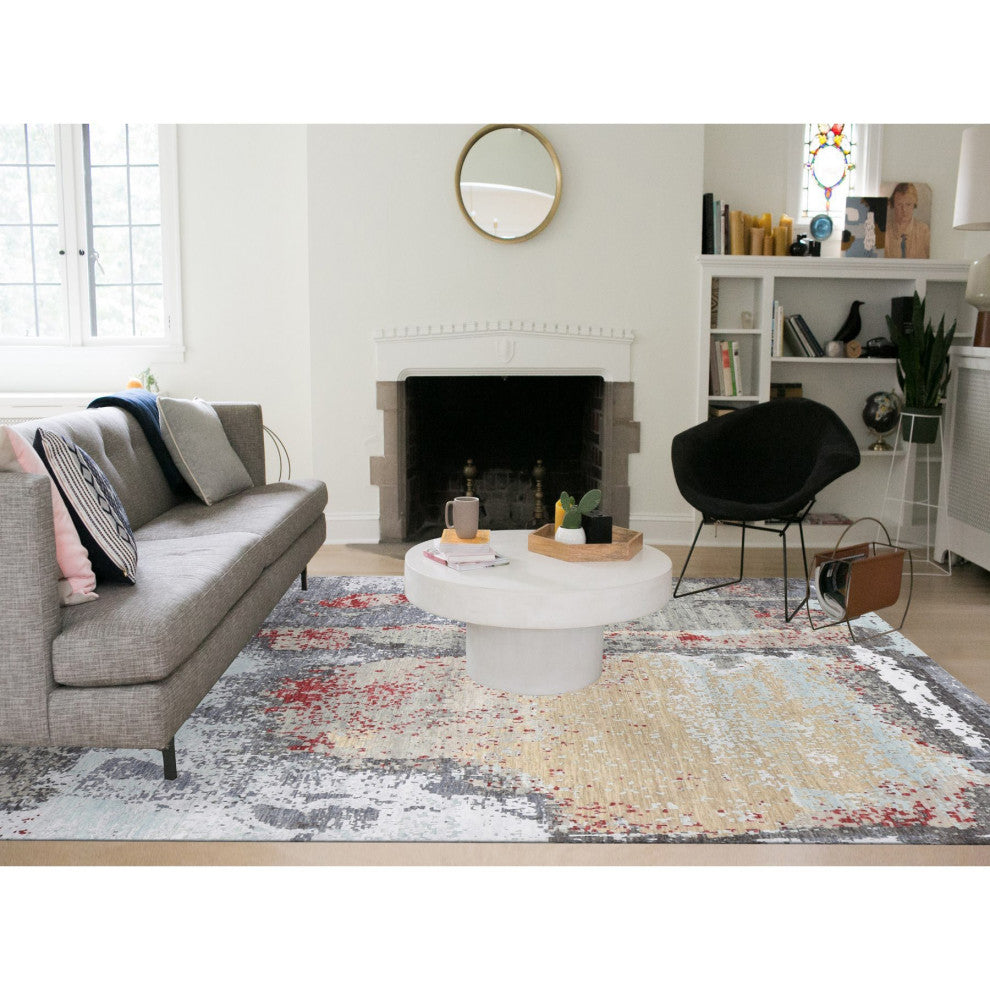 Platinum Gray Abstract Design Denser Weave Pure Wool Hand Knotted Rug 10'x14'2"