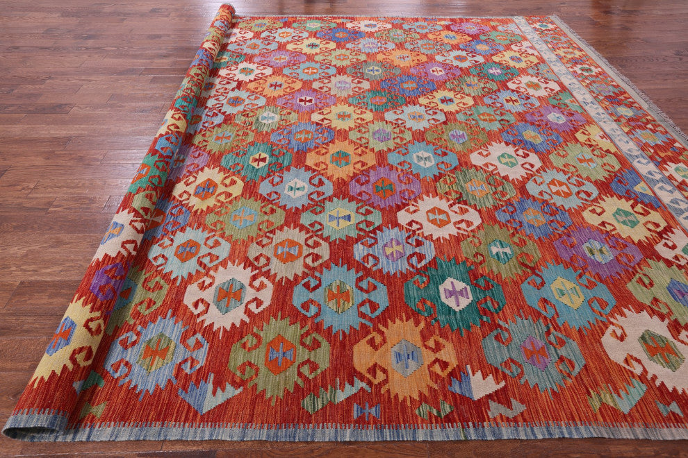 11' 9" X 16' 3" Wool On Wool Kilim Flat Weave Reversible Rug - Q12538