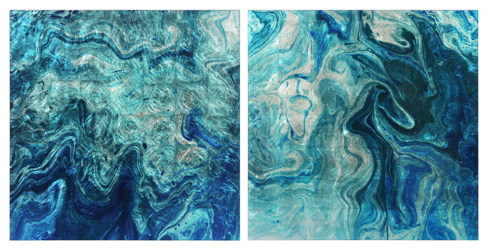 Indigo Abstract Diptych Wall Art Reverse Print on Tempered Glass and Silver Leaf