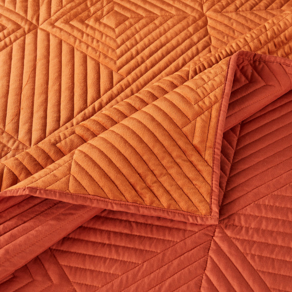 Benzara BM280412 3 Piece Velvet Full Quilt Set, Diamond Quilting Design, Orange