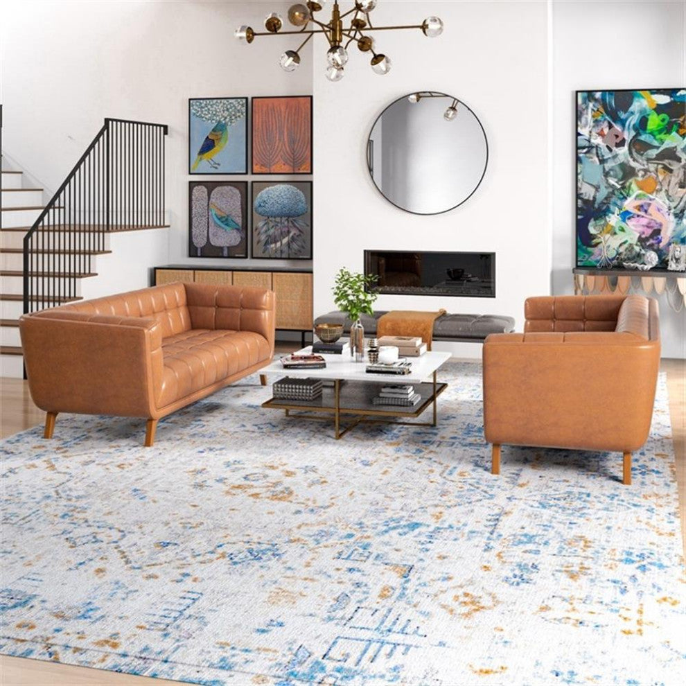 Kartmes Mid Century Modern Furniture Style Leather Sofa Set in Cognac Tan