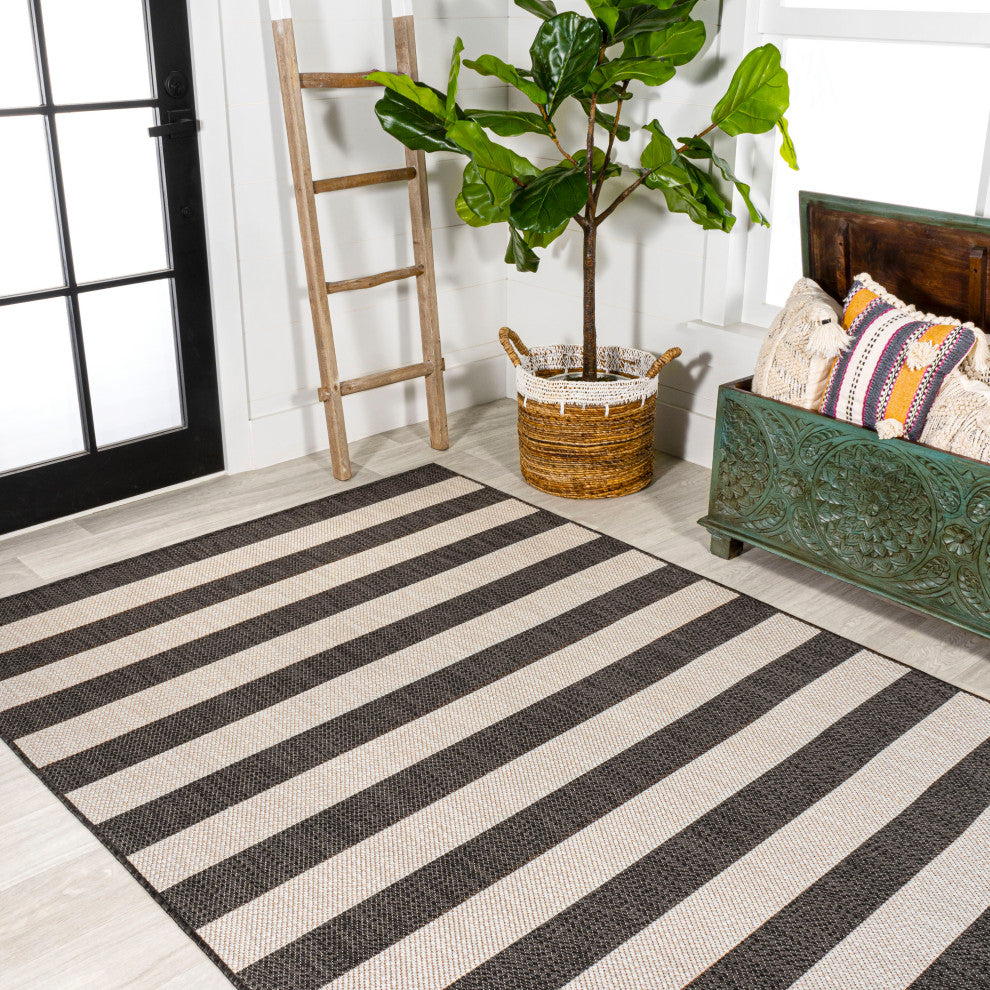 Negril Two-Tone Wide Stripe Indoor/Outdoor Area Rug, Black/Beige, 8x10