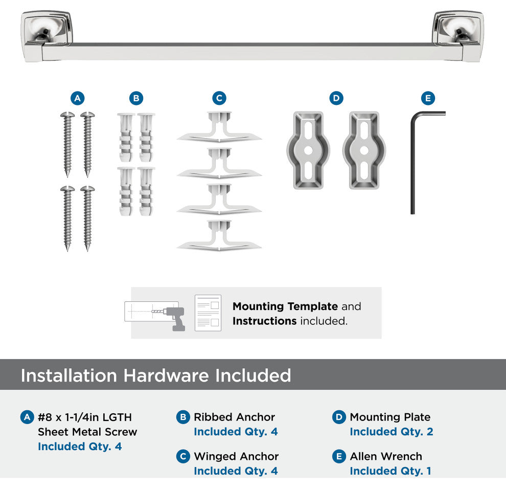 Amerock Stature Transitional Towel Bar, Chrome, 18" Center-to-Center