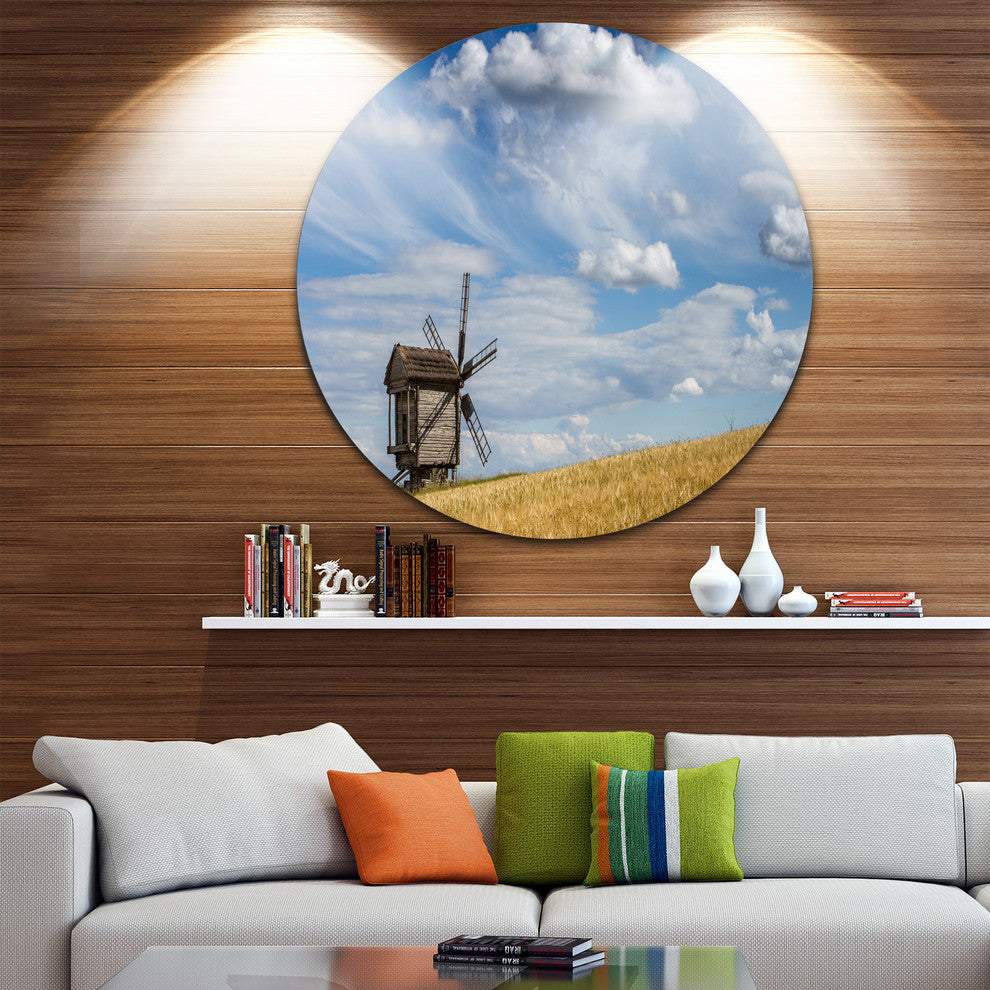 Cloudy Sky And Windmill Summer Day, Landscape Disc Metal Artwork, 23"