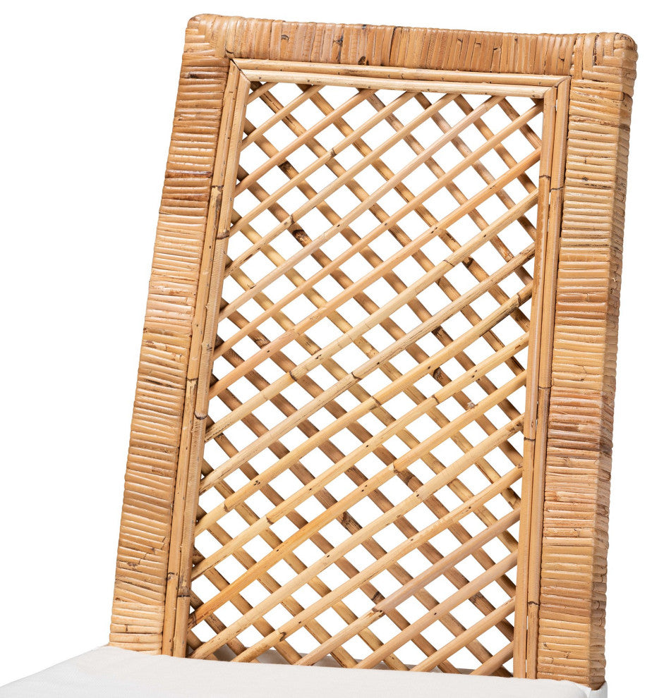 2 Pack Dining Chair, Unique Lattice Rattan Covered Frame & White Cushioned Seat