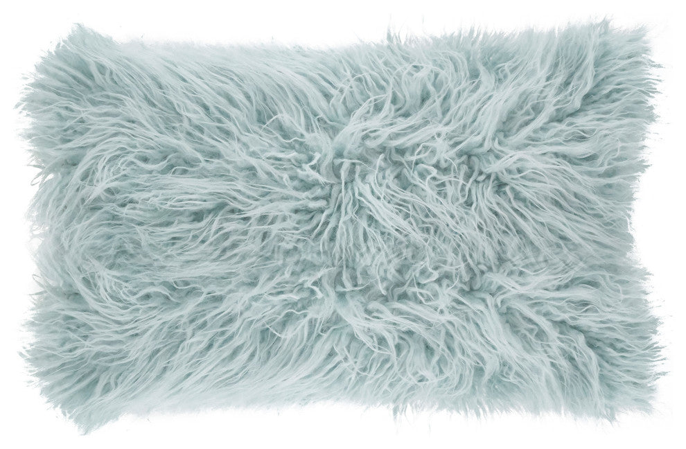 Mongolian Faux Fur Poly Filled Throw Pillow, Ice Blue, 12"x20"