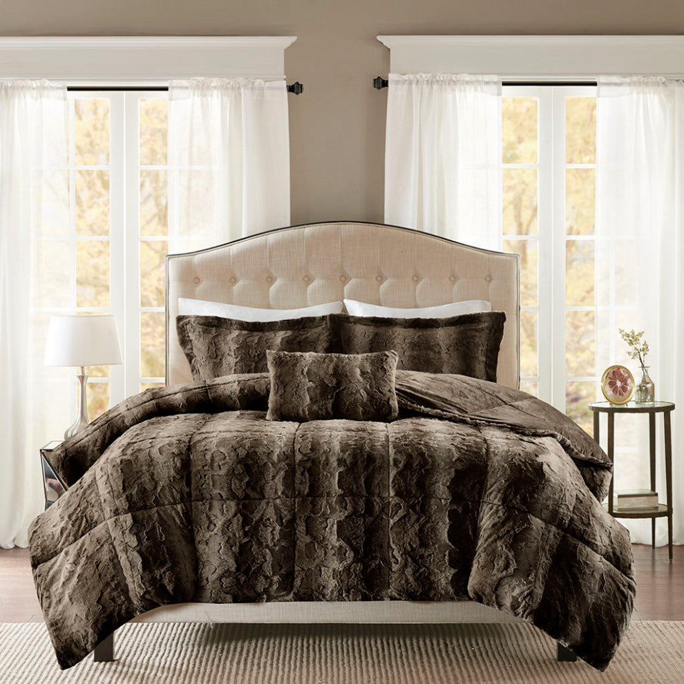 Madison Park Zuri Long Faux Fur 4-Piece Comforter Set, Brown, King