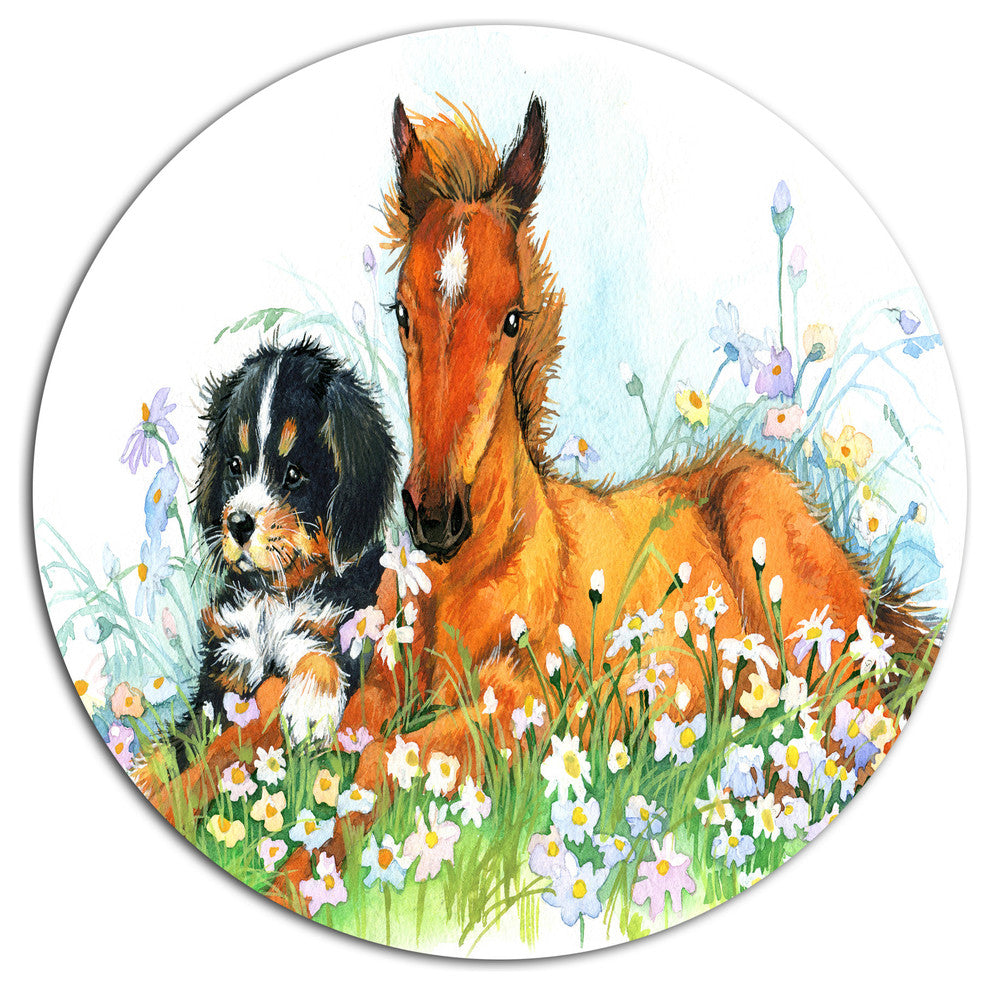 Relaxing Brown Cute Horse, Animal Large Disc Metal Wall Art, 36"
