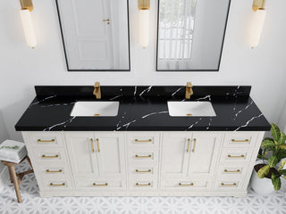 Boston 84" Double Sink Bath Vanity in Alabaster 2" Calacatta Black