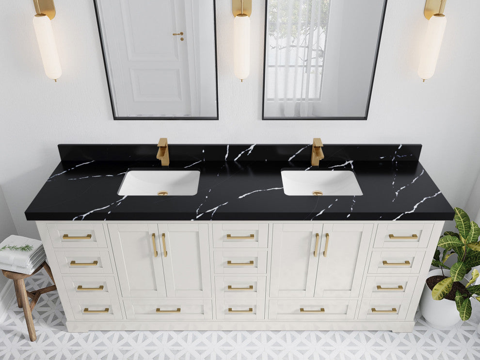 Boston 84" Double Sink Bath Vanity in Alabaster 2" Calacatta Black