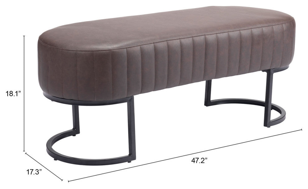 Accent Chair Bench, Faux Vinyl Leather, Steel, Vintage Brown, Black, Lounge
