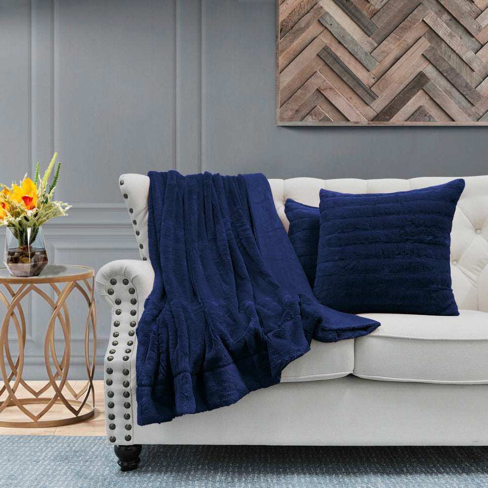 BOON Rabbit Jumbo Fur Throw and Pillow, 3-Piece Set, Navy Blue