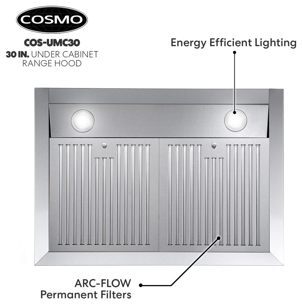Cosmo 30" 380 CFM Under Cabinet Range Hood With Touch Screen and Carbon Filters