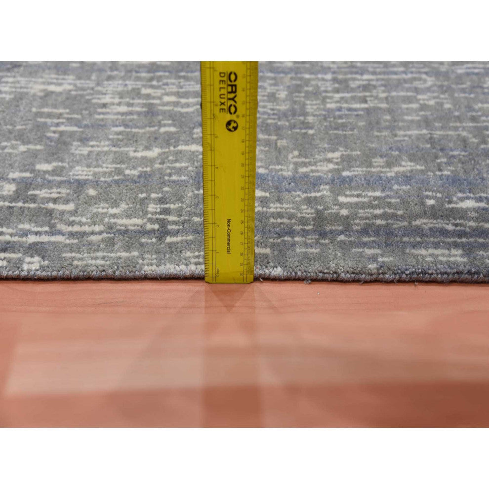 Gray and Blue Pure Wool Hand Knotted Modern Ombre Design Runner Rug, 2'6"x8'0"
