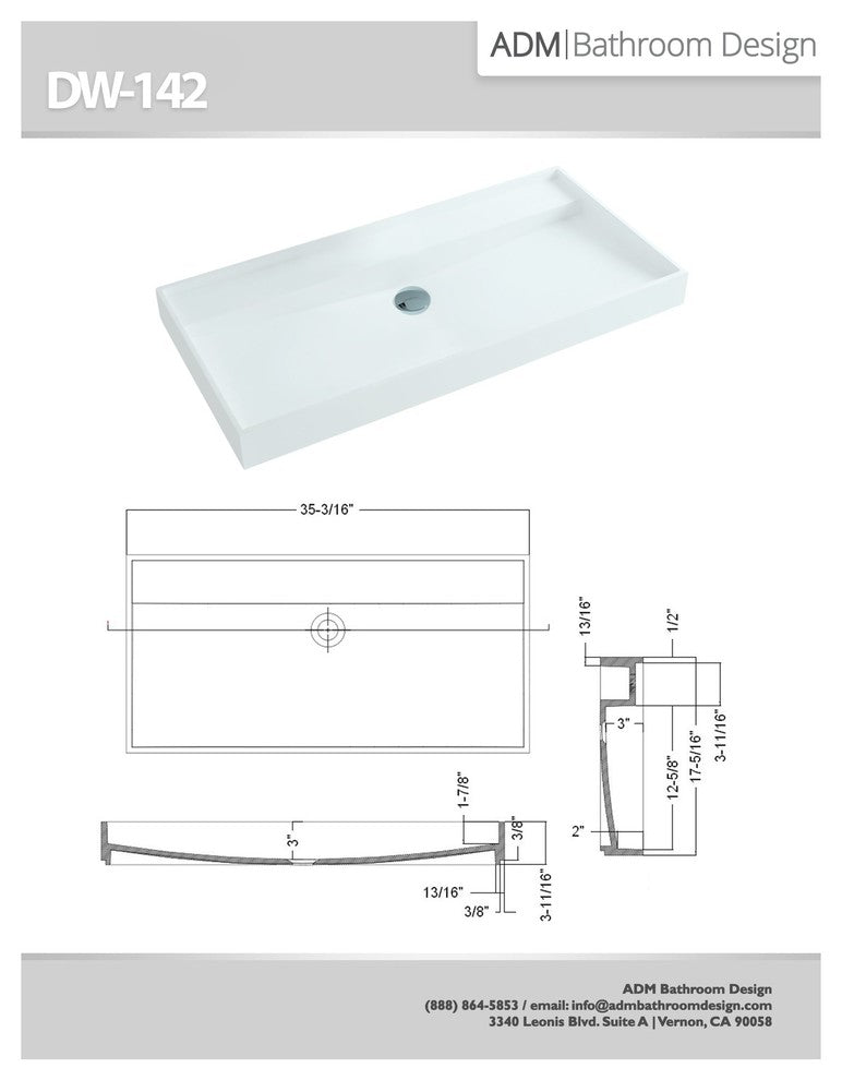 ADM Rectangular Stone Resin Countertop Sink, White, 35", Glossy White