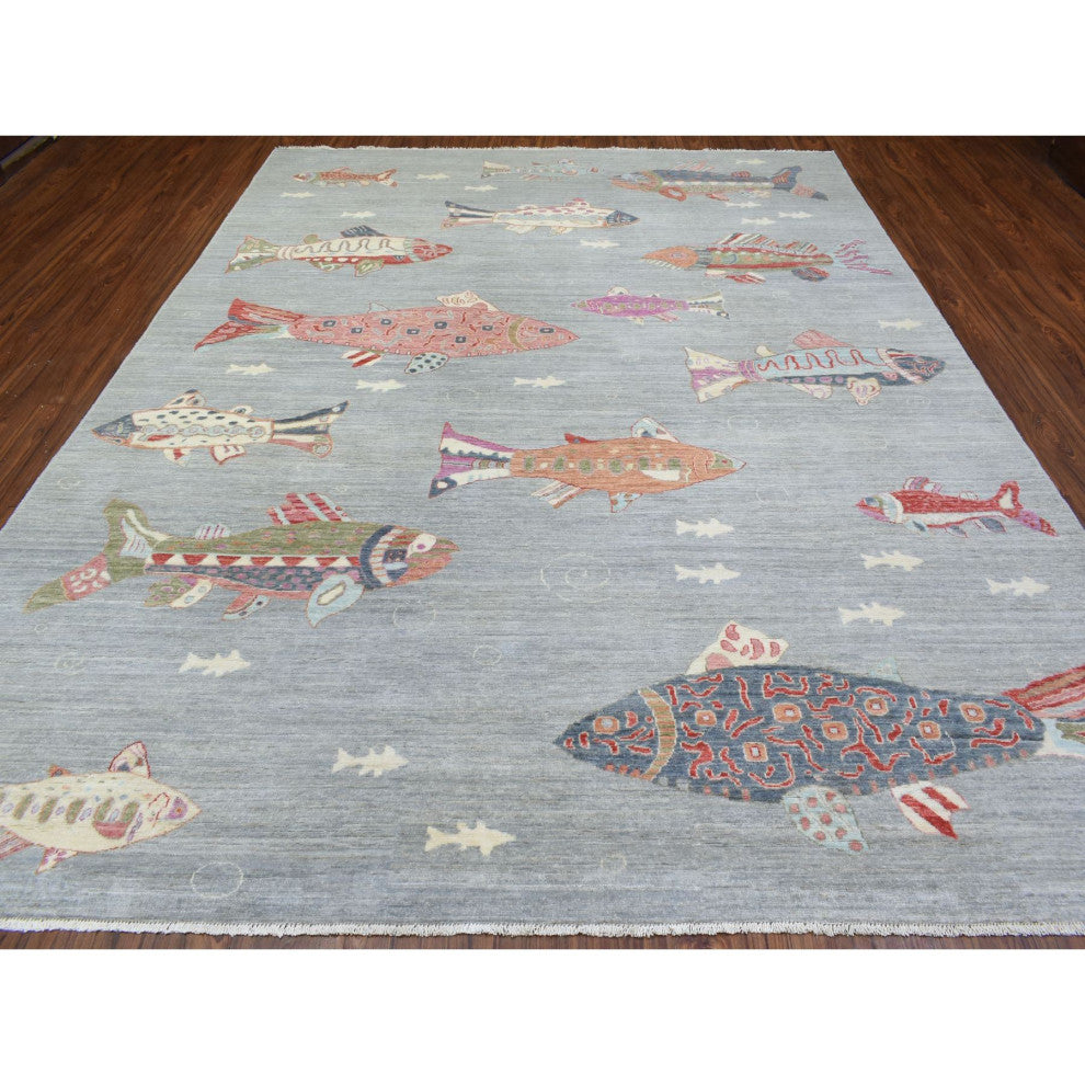 Light Gray, Soft Wool Hand Knotted, Afghan Peshawar Oriental Rug, 9'2"x11'9"